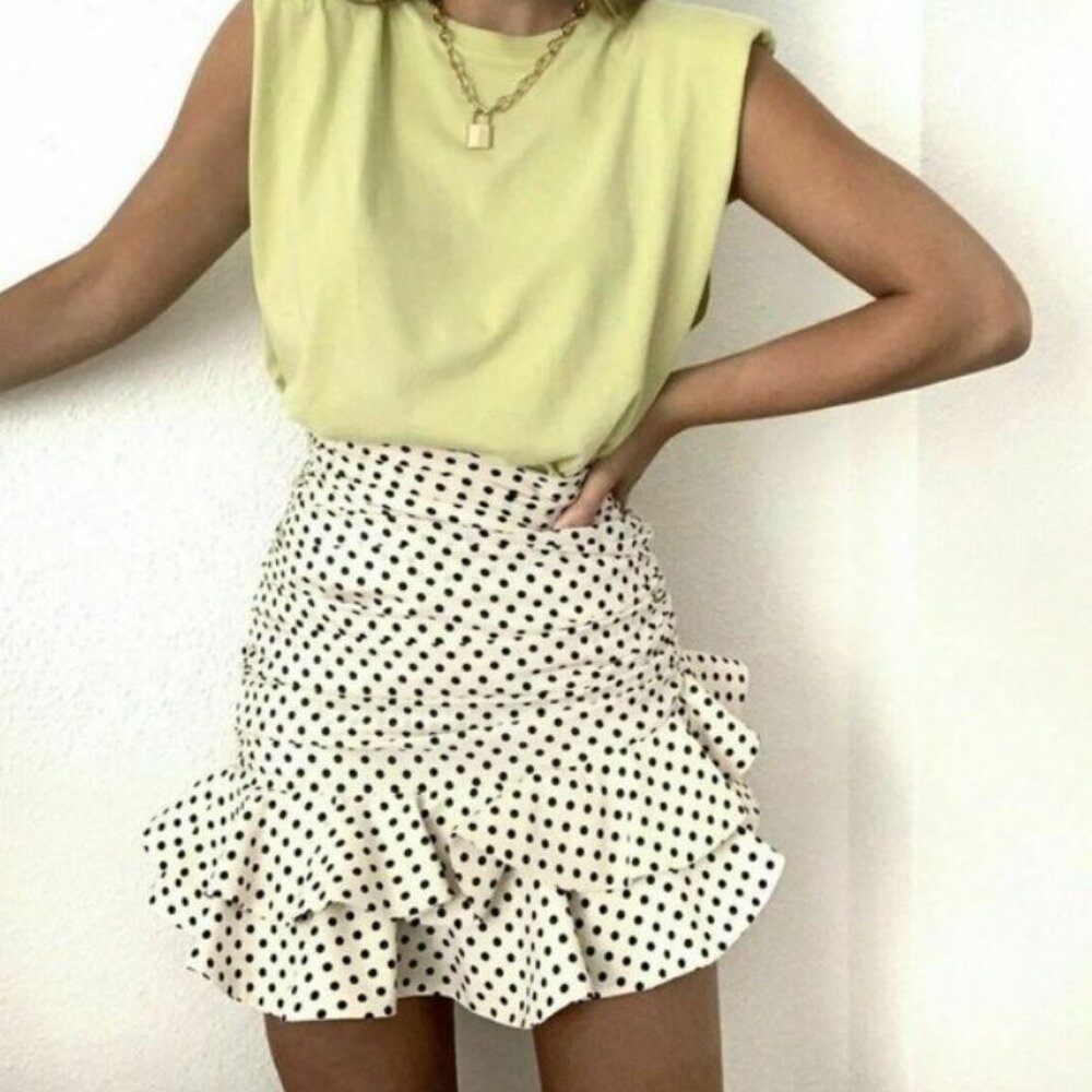 DRAPED RUCHED POLKA DOT SKIRT with RUFFLE HEM